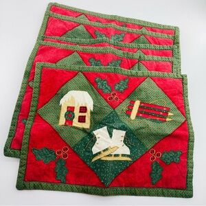 Set of 5 Quilted Christmas Holiday Placemats Ice Skates Sledding Cabin See Photo